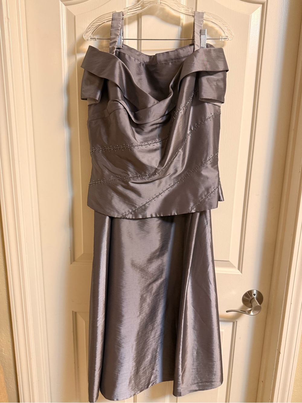 Jade Silver-Gray Satin Maxi Skirt with Draped Bodice top